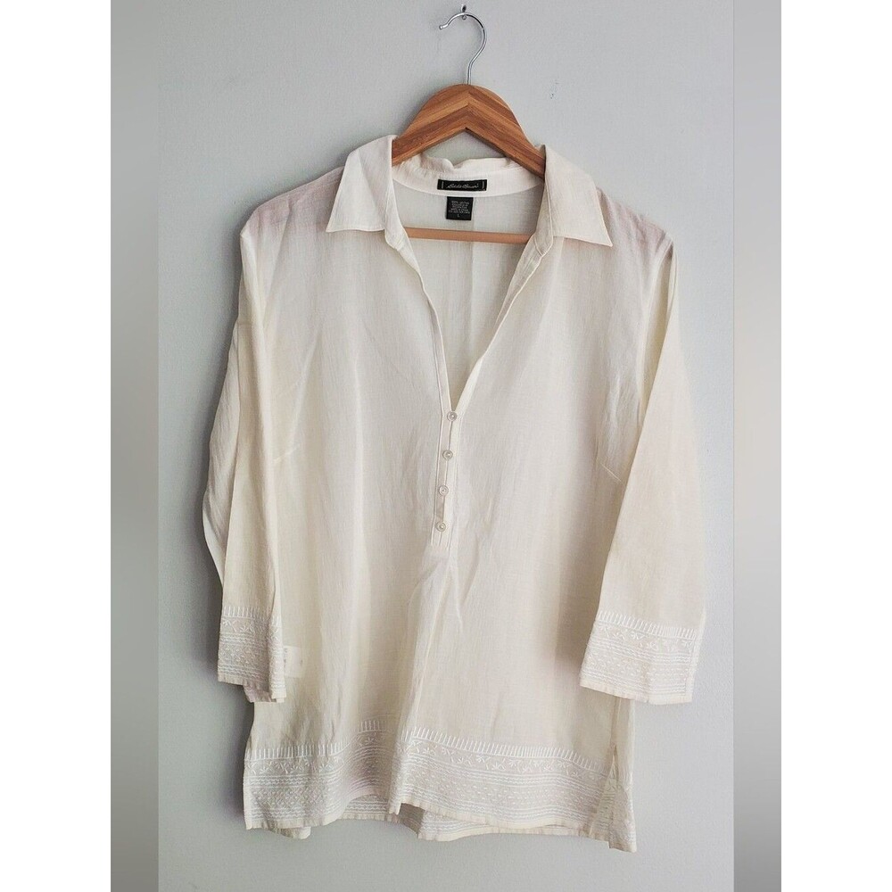Eddie Bauer Vint 100% Cotton Lightweight Cream Button-Front Tunic Top Size Large